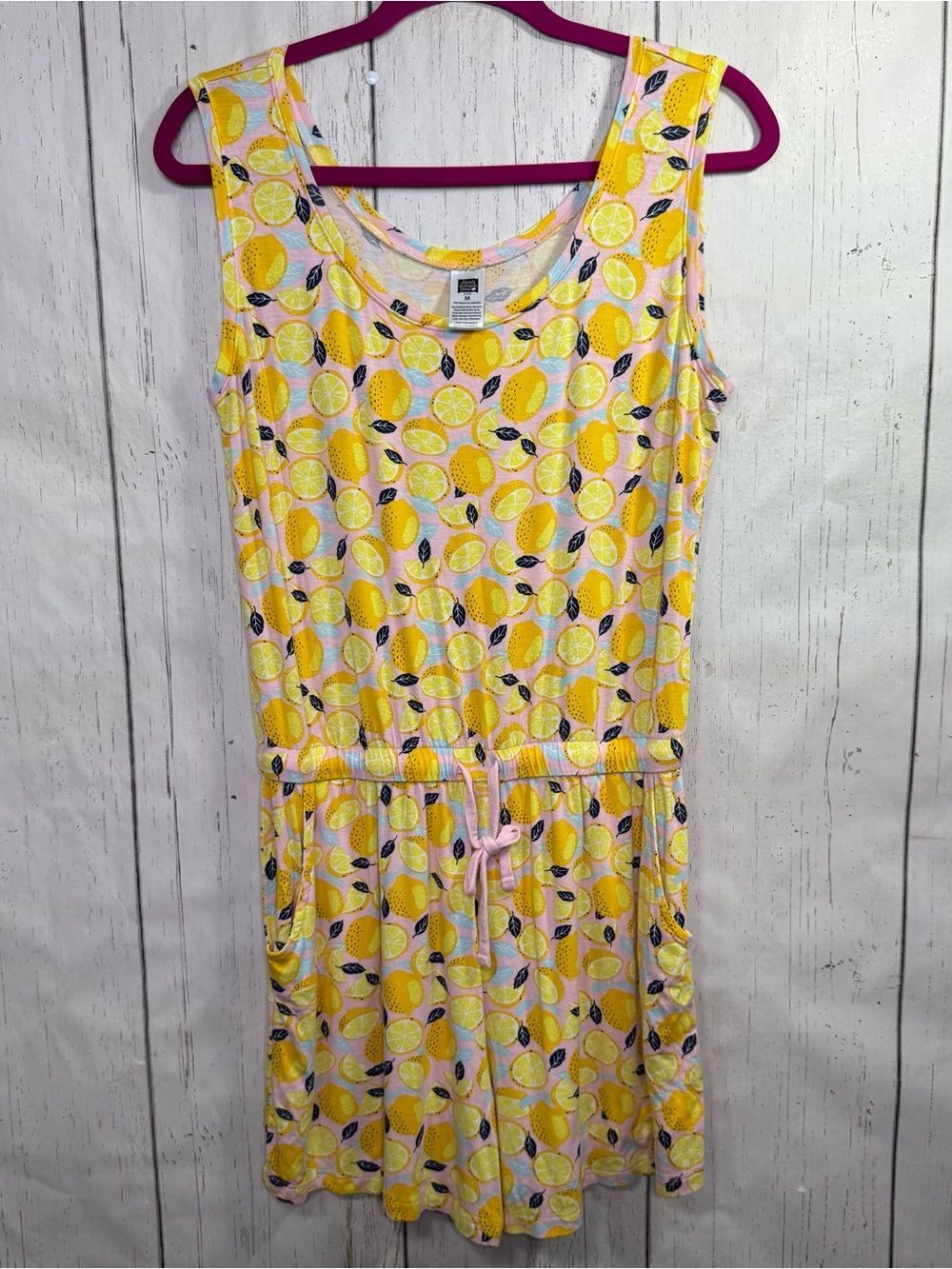 Alex's Lemonade Stand Lemon Romper Pockets Stretch Drawstring Waist Yellow M